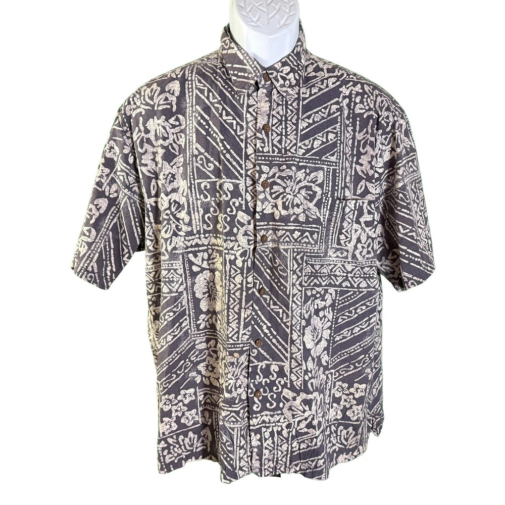 Pau Hana Button Down Shirt Mens Large Grey Batik Floral Short Sleeve Hawaii